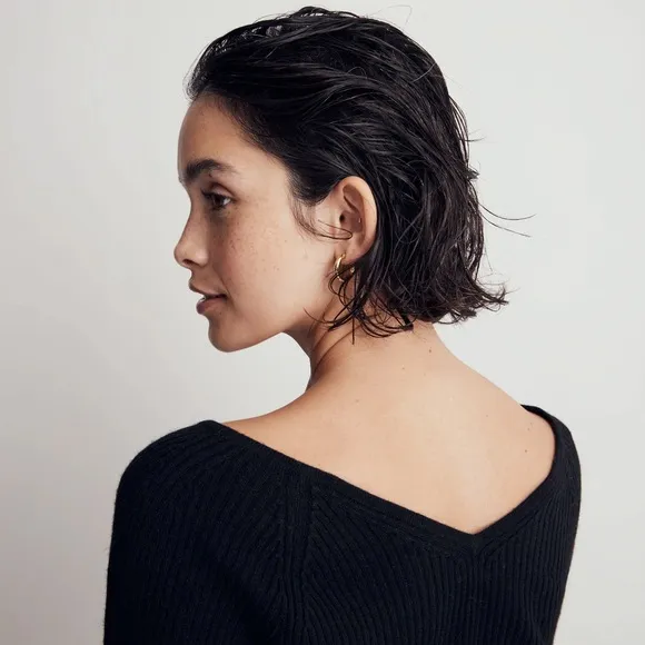 Madewell | Women’s black Linwood Pullover Sweater v-neck front/back alpaca blend
