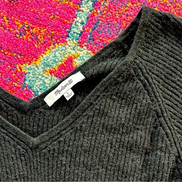Madewell | Women’s black Linwood Pullover Sweater v-neck front/back alpaca blend
