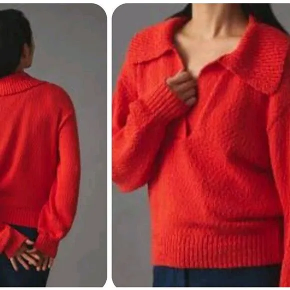 Maeve By Anthropologie Womens V-Neck Polo Boucle Orange Sweater. 2X