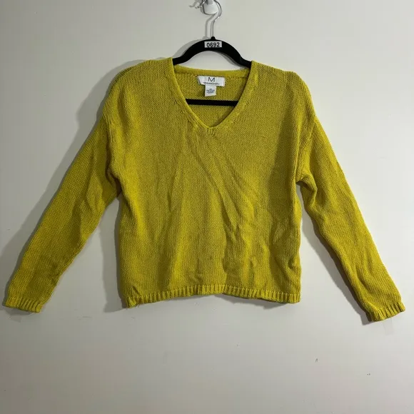 Magaschoni Chartreuse Yellow Green 100% Cotton V-Neck Sweater, Women’s Size XS