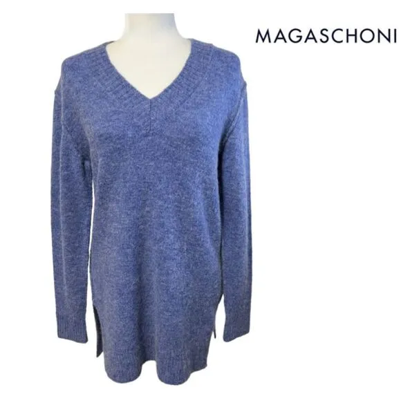 Magaschoni Women's Blue Wool Alpaca Blend V-Neck Sweater Size XS