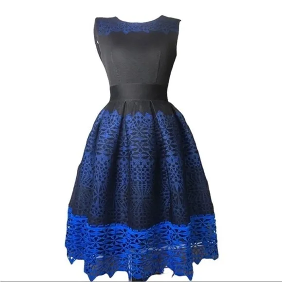 Maje Fit and Flare Dress Guipure Lace Hem Black and Blue Size 1