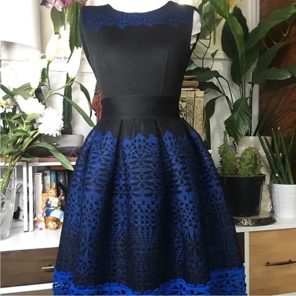 Maje Fit and Flare Dress Guipure Lace Hem Black and Blue Size 1