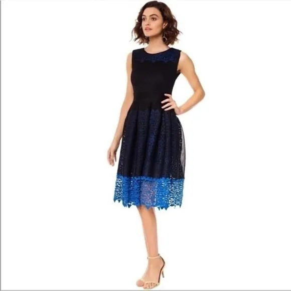 Maje Fit and Flare Dress Guipure Lace Hem Black and Blue Size 1
