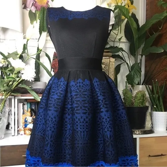 Maje Fit and Flare Dress Guipure Lace Hem Black and Blue Size 1
