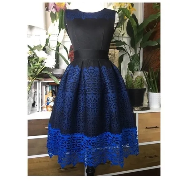 Maje Fit and Flare Dress Guipure Lace Hem Black and Blue Size 1