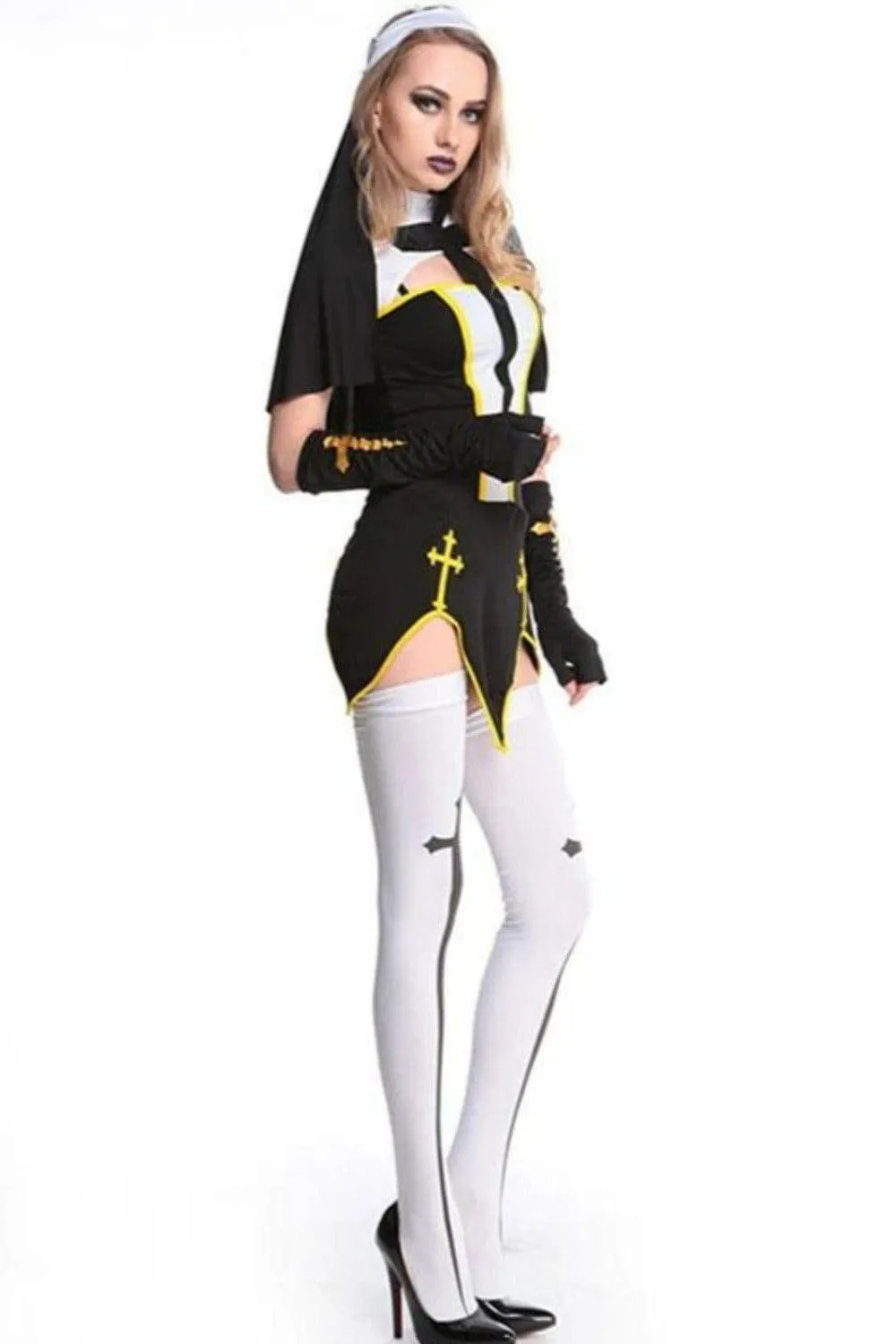 Make Him Confess Sexy Nun Cosplay Costume Dress - Black, S - 3XL
