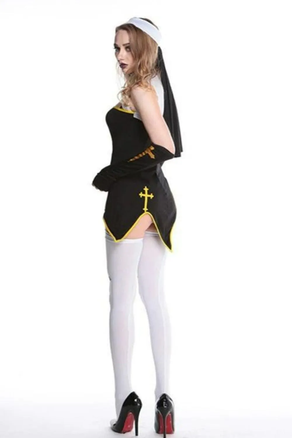 Make Him Confess Sexy Nun Cosplay Costume Dress - Black, S - 3XL