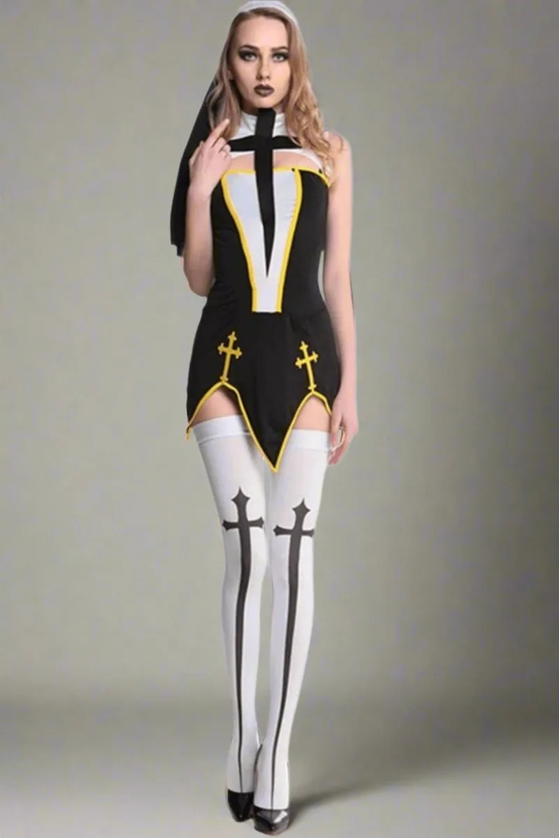 Make Him Confess Sexy Nun Cosplay Costume Dress - Black, S - 3XL
