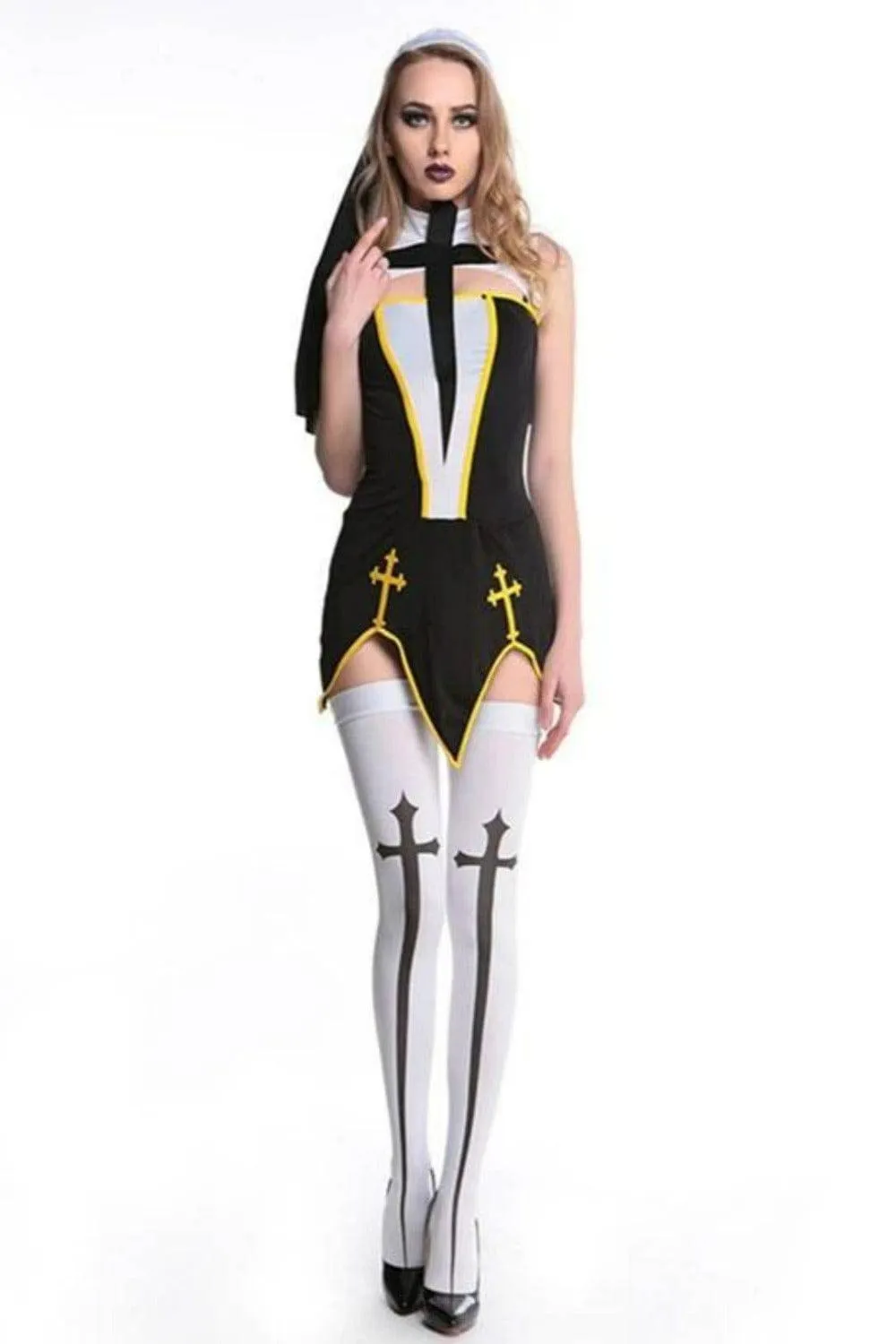 Make Him Confess Sexy Nun Cosplay Costume Dress - Black, S - 3XL