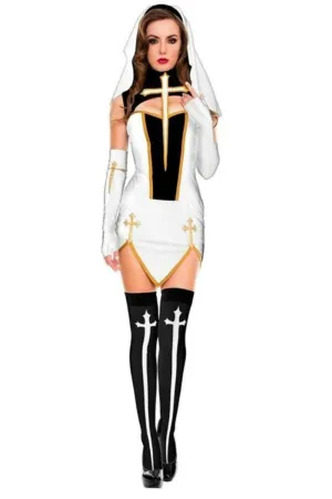 Make Him Confess Sexy Nun Cosplay Costume Dress - White, S - 3XL