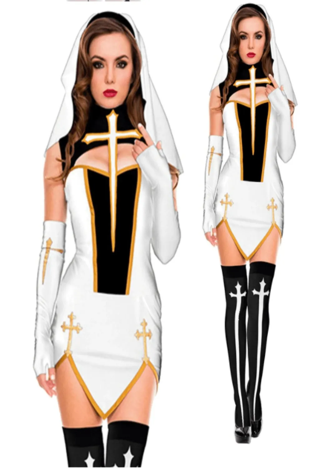 Make Him Confess Sexy Nun Cosplay Costume Dress - White, S - 3XL