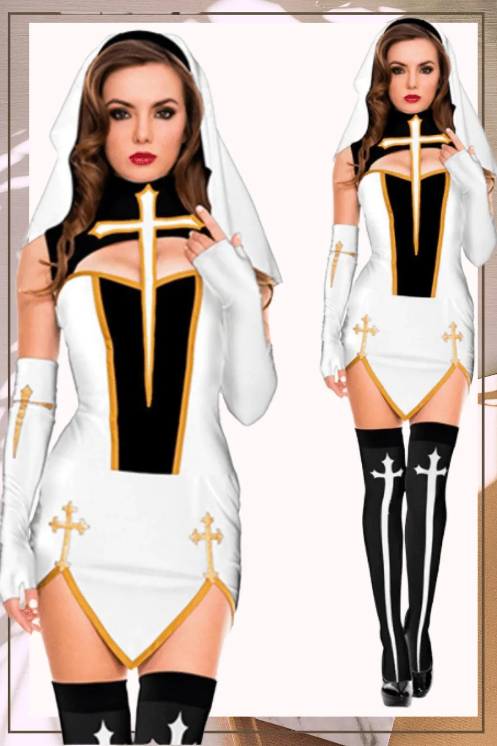 Make Him Confess Sexy Nun Cosplay Costume Dress - White, S - 3XL
