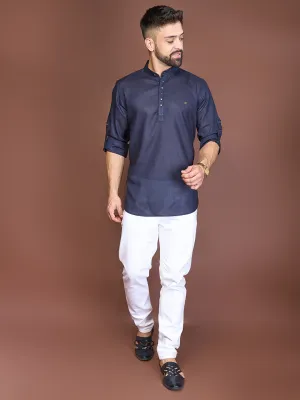 Mandarin Collar Short Silk Kurta In Navy Blue Colour