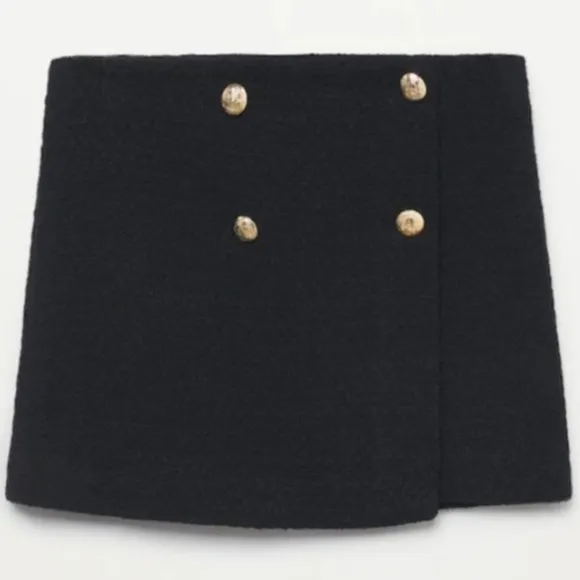 MANGO High Waist Tweed Mini Skirt Gold Buttons Black Size XL NEW