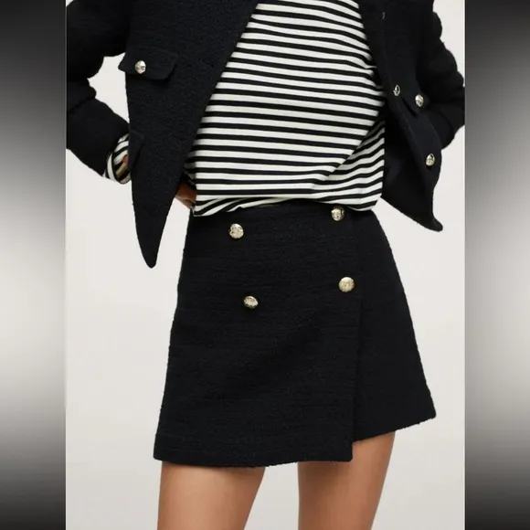 MANGO High Waist Tweed Mini Skirt Gold Buttons Black Size XL NEW