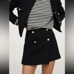 MANGO High Waist Tweed Mini Skirt Gold Buttons Black Size XL NEW