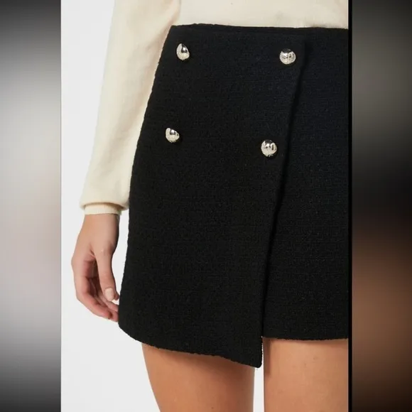 MANGO High Waist Tweed Mini Skirt Gold Buttons Black Size XL NEW