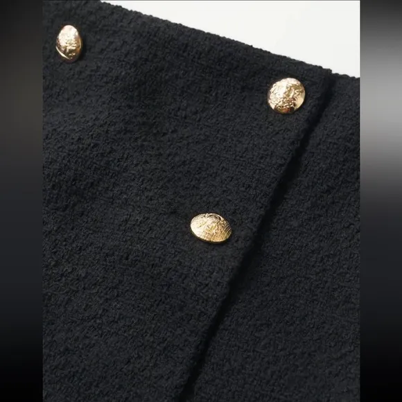 MANGO High Waist Tweed Mini Skirt Gold Buttons Black Size XL NEW