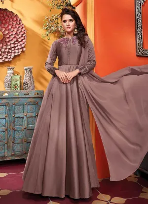 Mauve Pink Embroidered Art Silk Gown