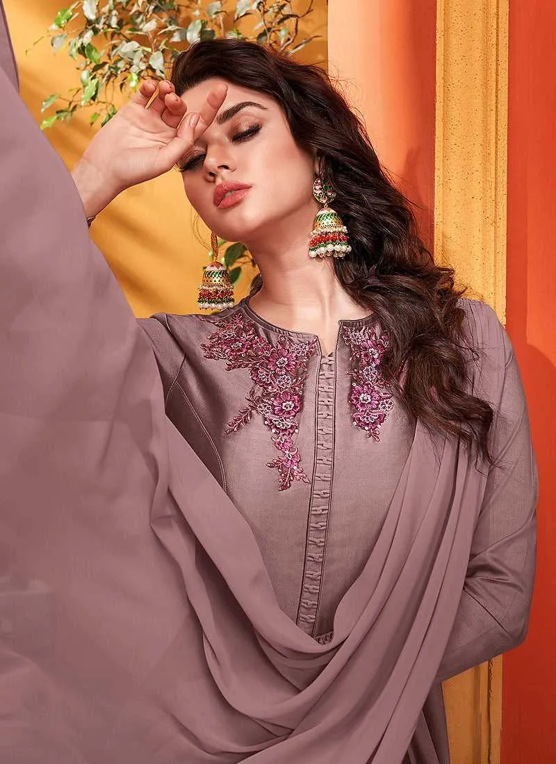Mauve Pink Embroidered Art Silk Gown