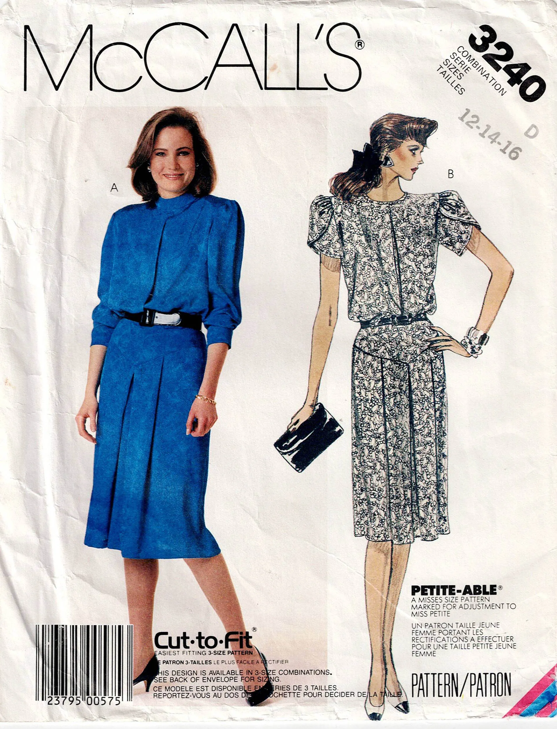 McCall's 3240 Womens Tulip Sleeved Dress 1980s Vintage Sewing Pattern Size 12 - 16