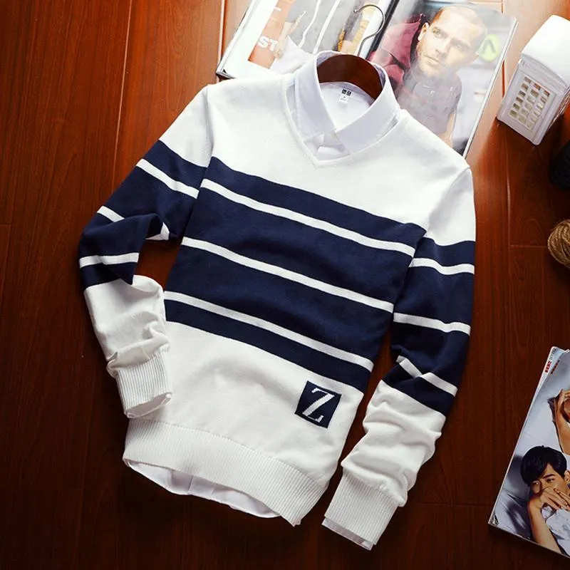 Men's V-Neck Stripe Sweater Up To 3XL