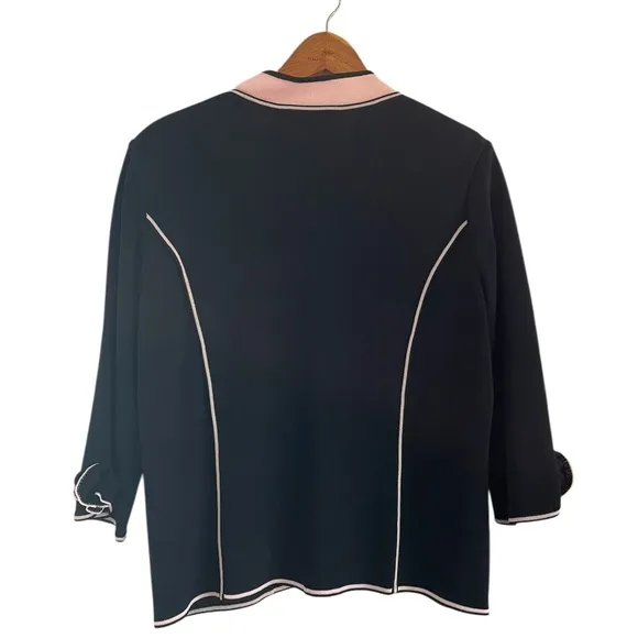 Ming Wang Open Front Sweater Knit Lightweight Black Pink Retro Size Large