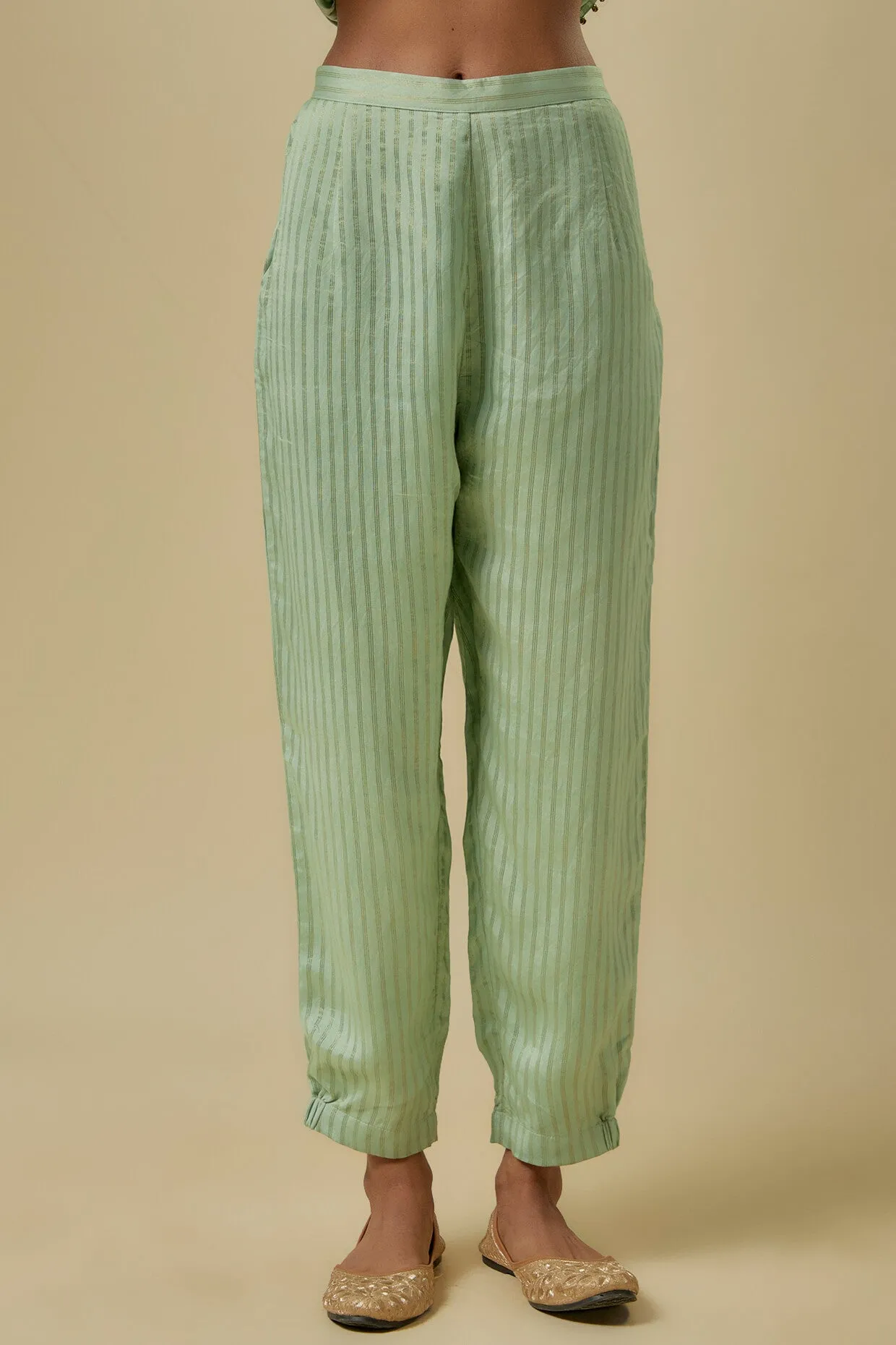 Mint chanderi stripe embroidered kurta set