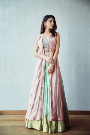 Mint Lehenga with a Pink Chanderi Cape