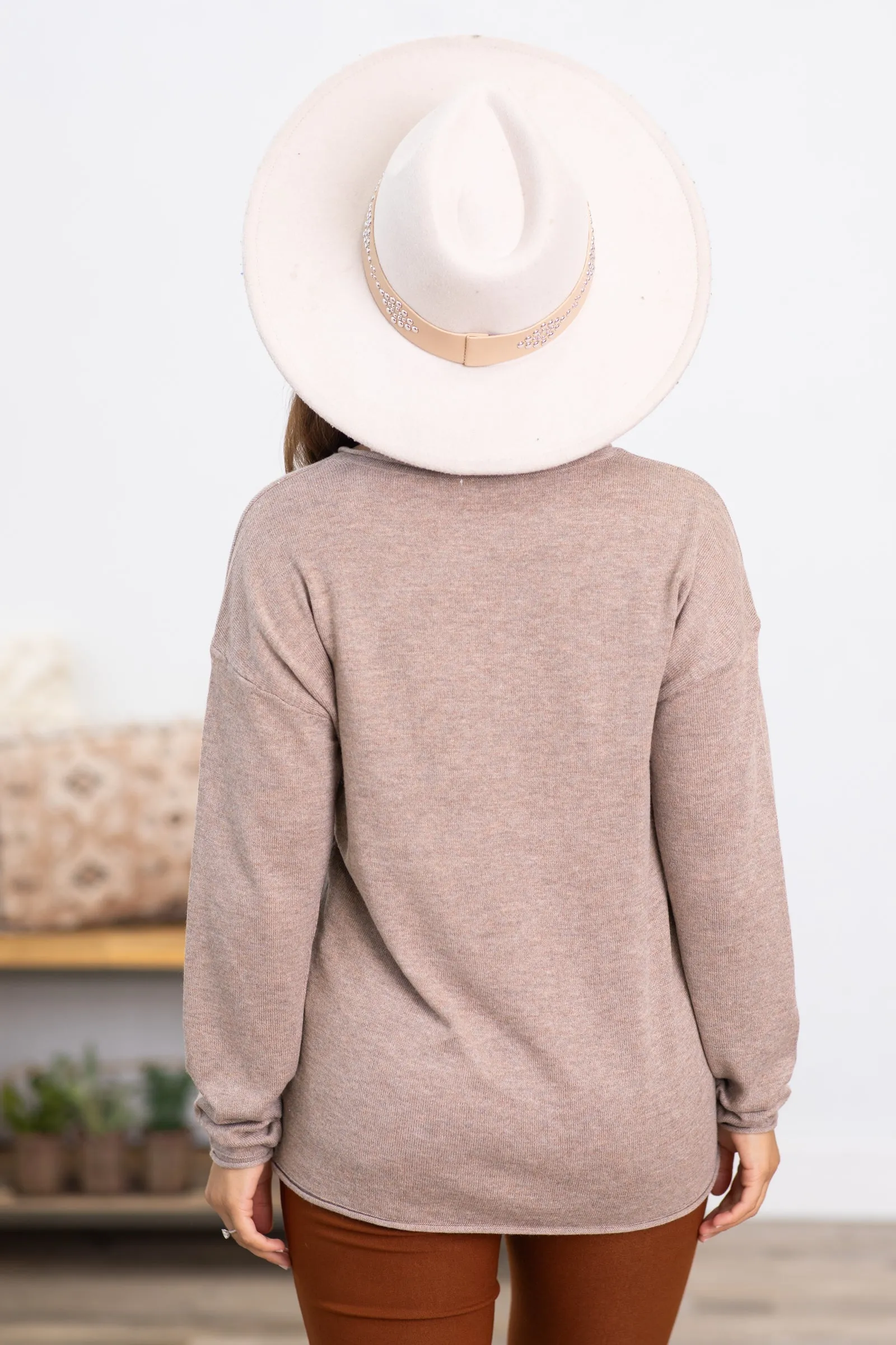 Mocha V-Neck Raw Edge Sweater