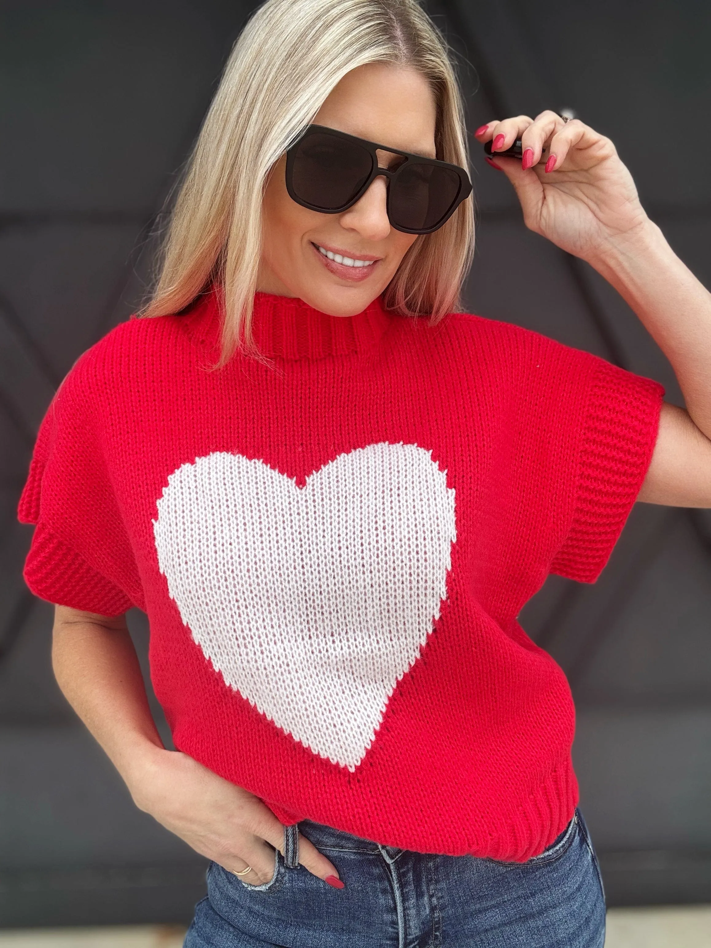 Mock Neck Heart Sweater In Red