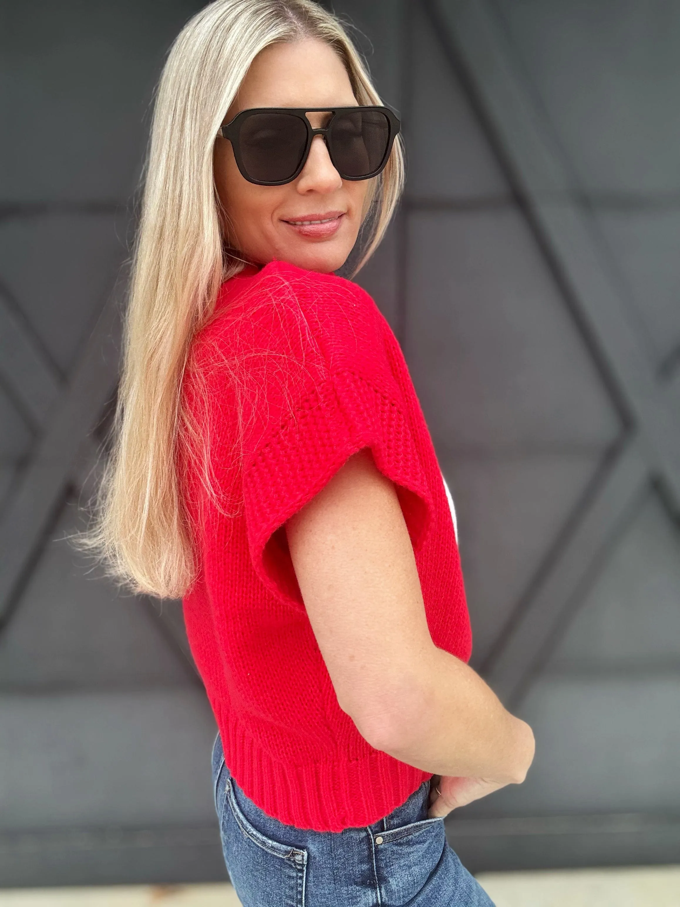 Mock Neck Heart Sweater In Red