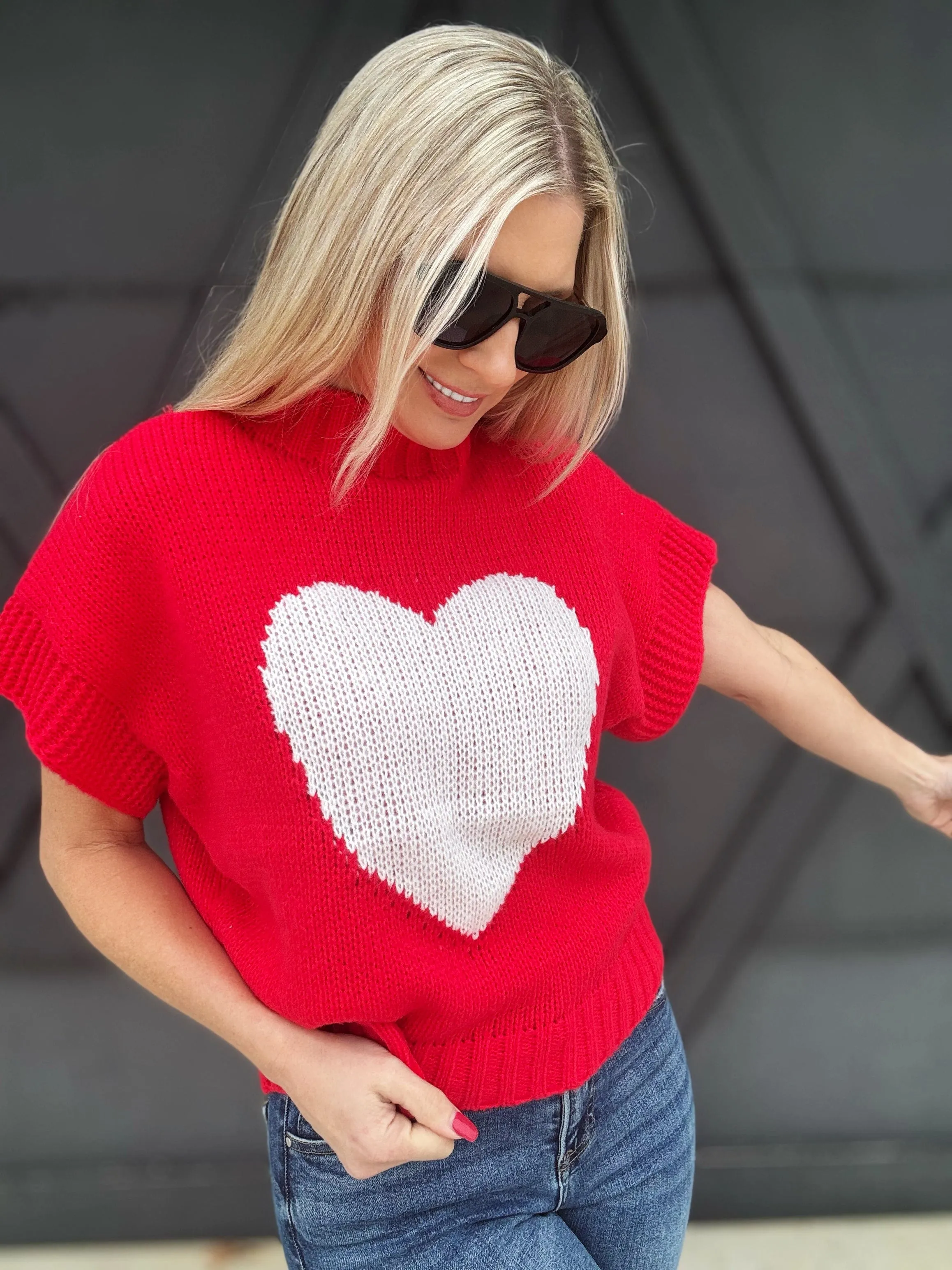 Mock Neck Heart Sweater In Red