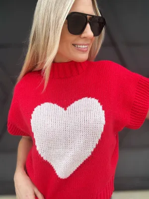 Mock Neck Heart Sweater In Red