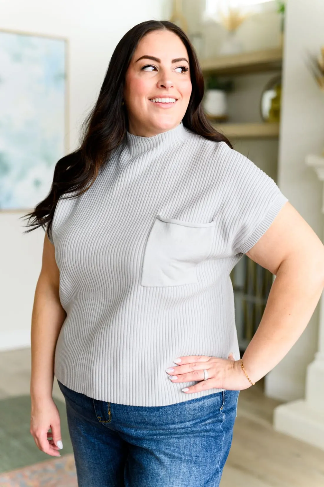 Mock Neck Short Sleeve Sweater in Grey