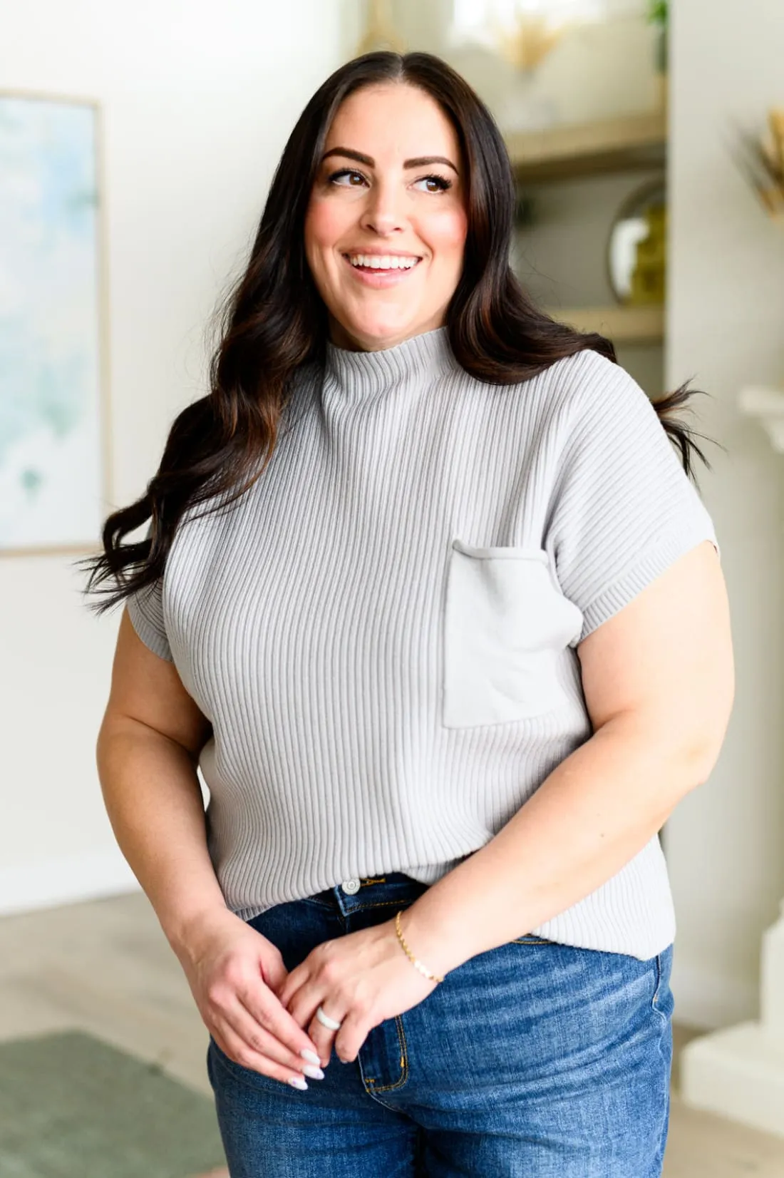 Mock Neck Short Sleeve Sweater in Grey