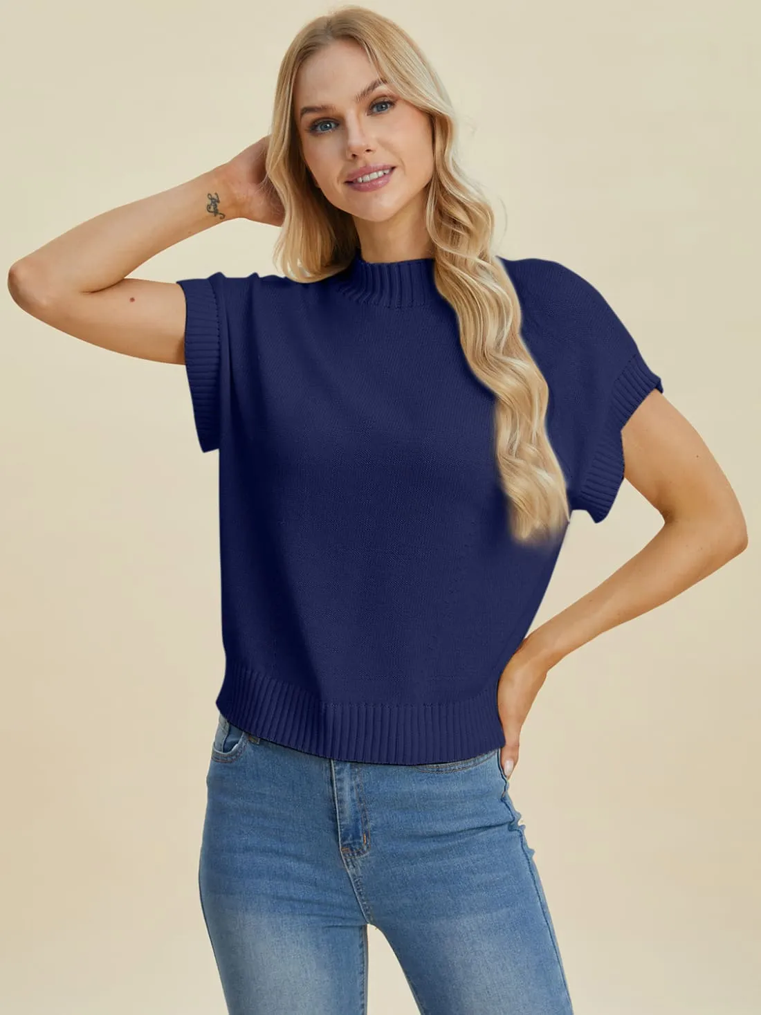 Mock Neck Short Sleeve Sweater