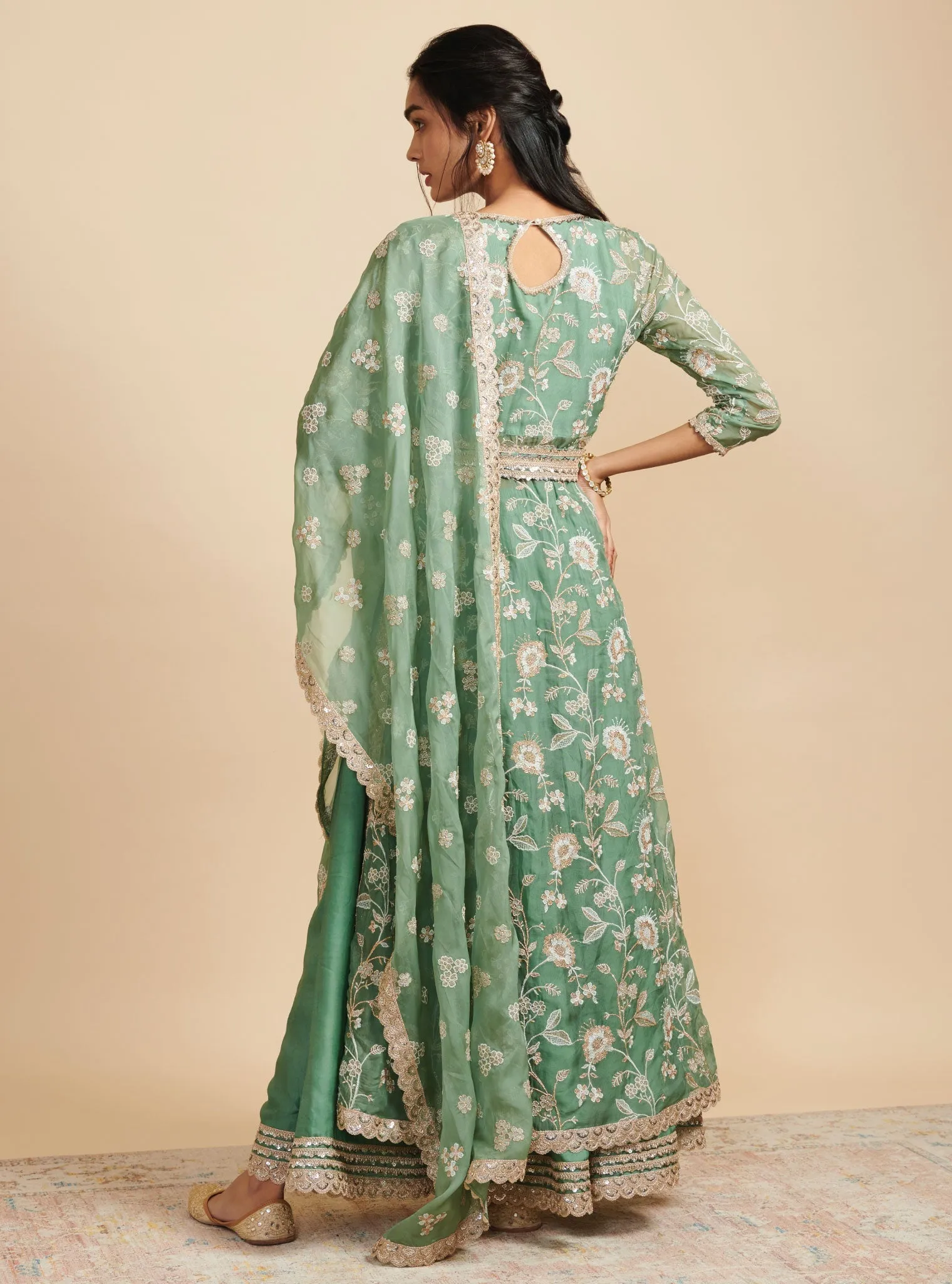 Mulmul Organza Masakali Green Long Kurta With Mulmul Cupro Masakali Green Skirt