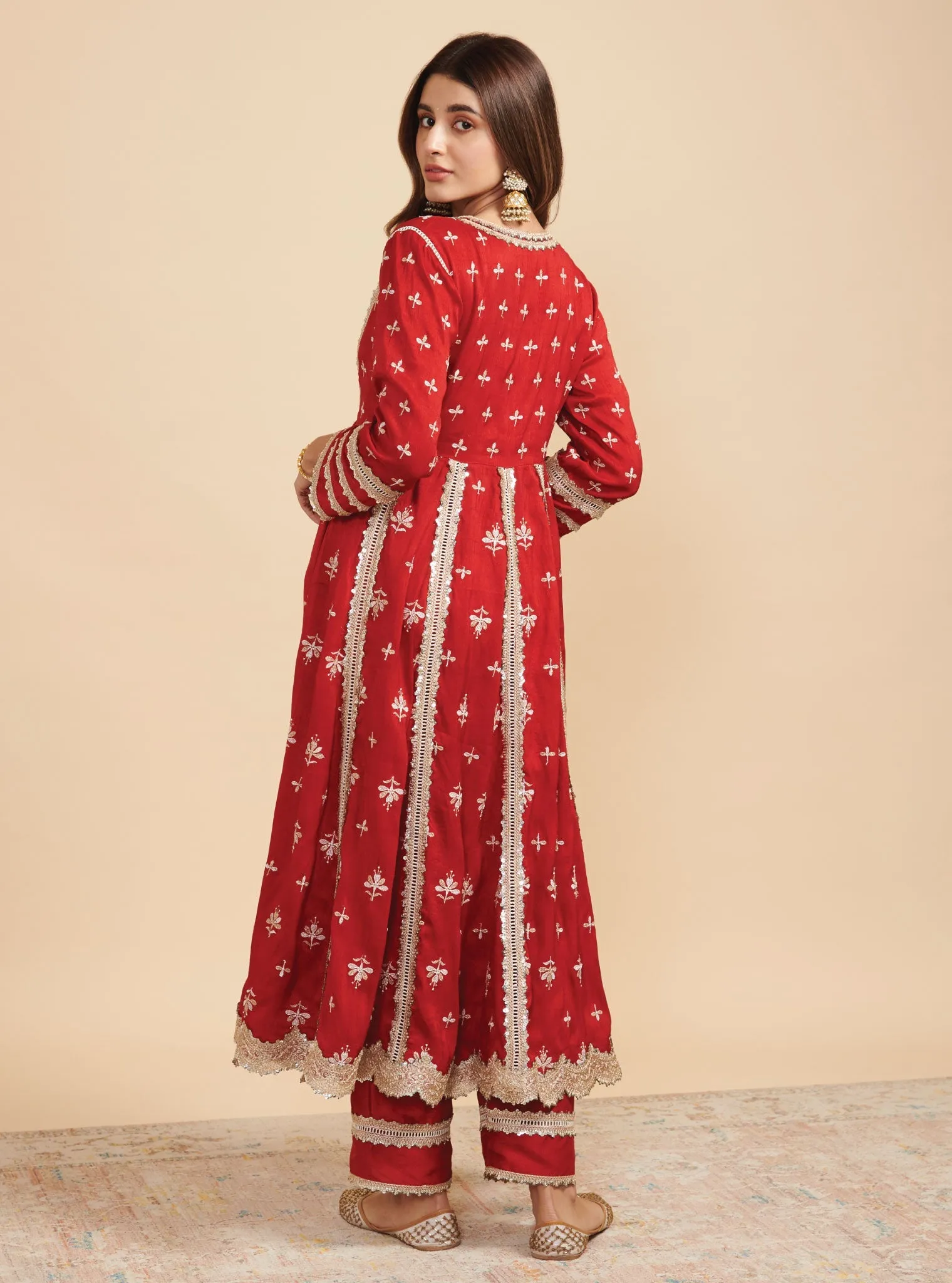 Mulmul Silk Khanak Anarkali Red Kurta With Mulmul Silk Khanak Red Pant