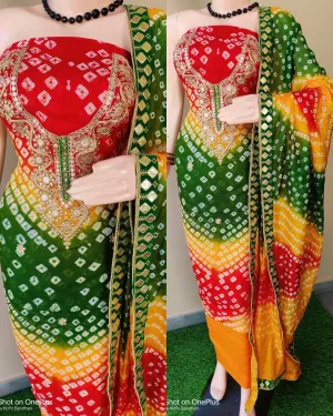 Multicolor Bandhej Silk Gota Work Suit