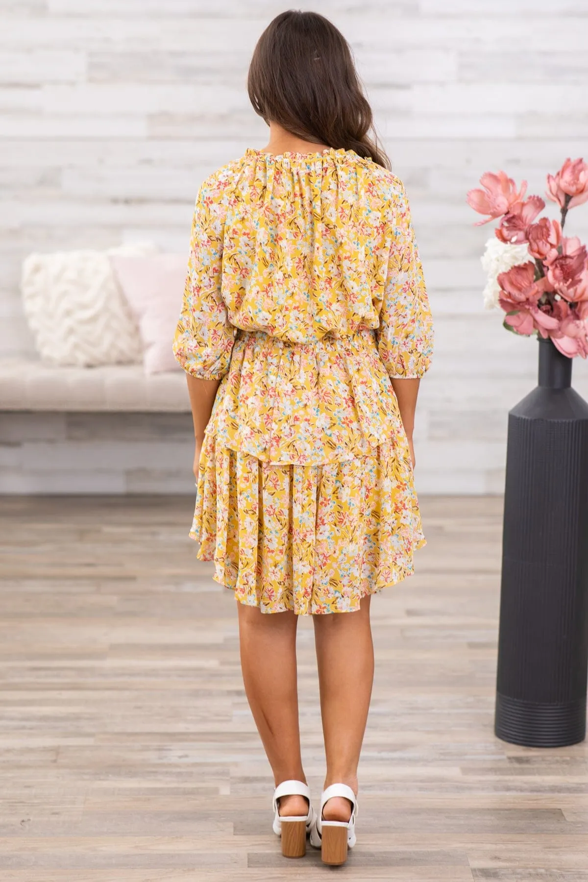 Mustard and Wine Floral Tiered Skirt Dress