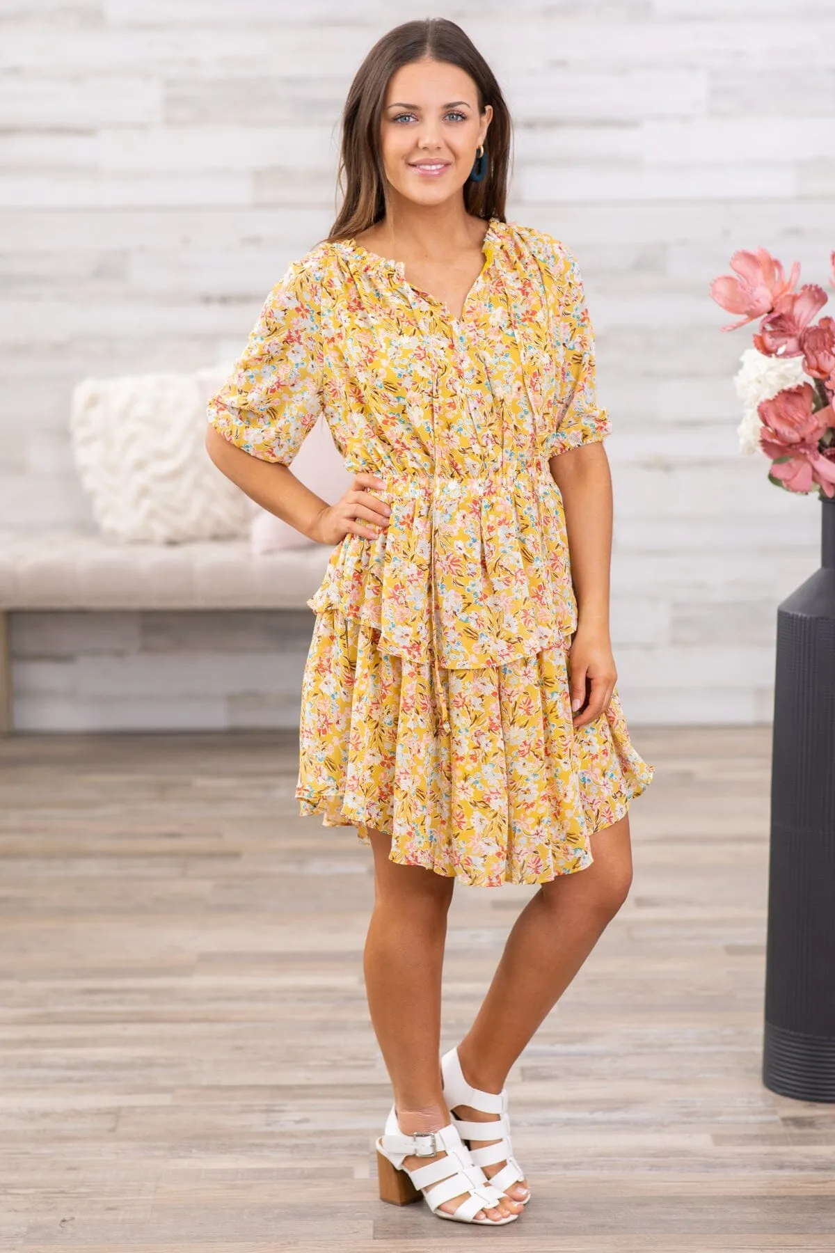Mustard and Wine Floral Tiered Skirt Dress