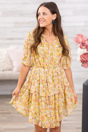 Mustard and Wine Floral Tiered Skirt Dress