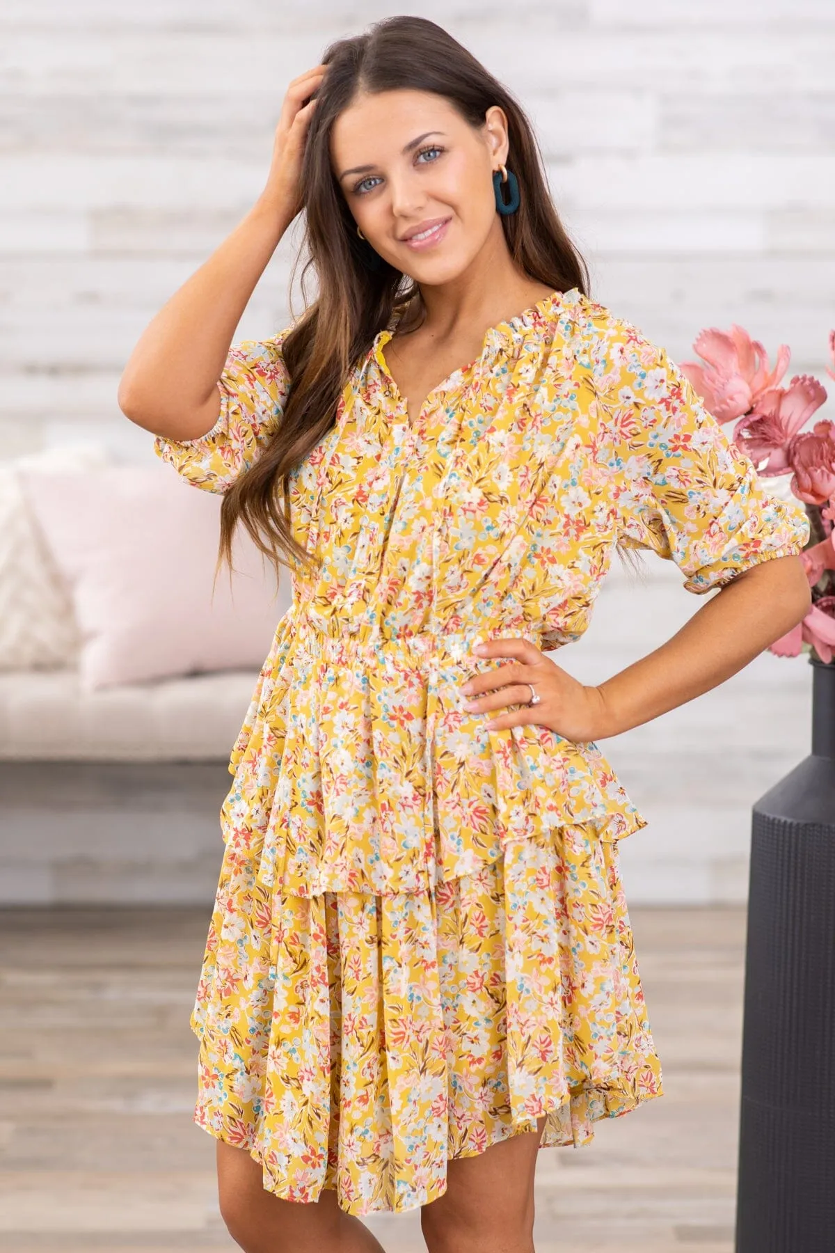 Mustard and Wine Floral Tiered Skirt Dress