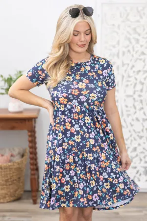 Navy Floral Tiered Skirt Dress