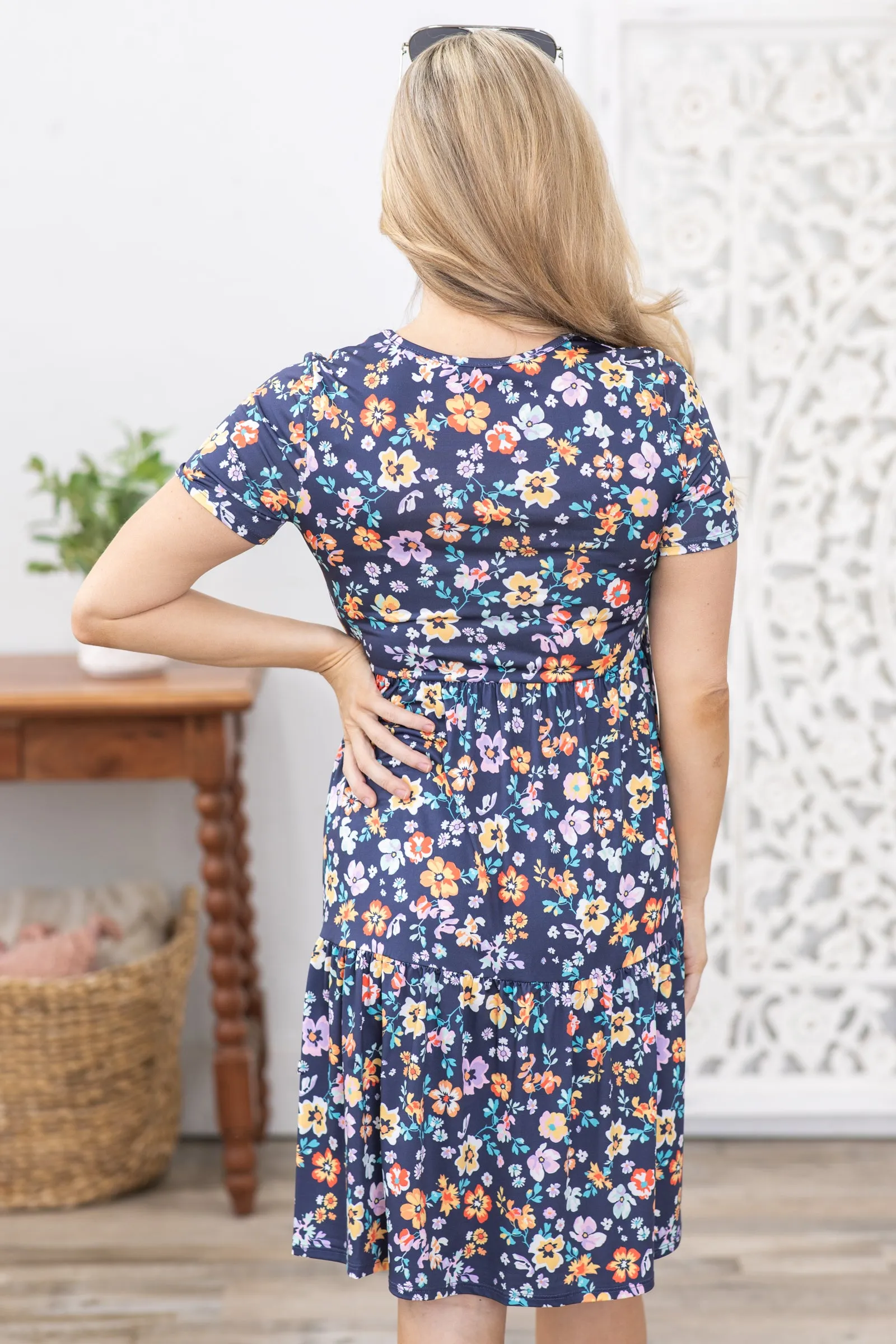 Navy Floral Tiered Skirt Dress