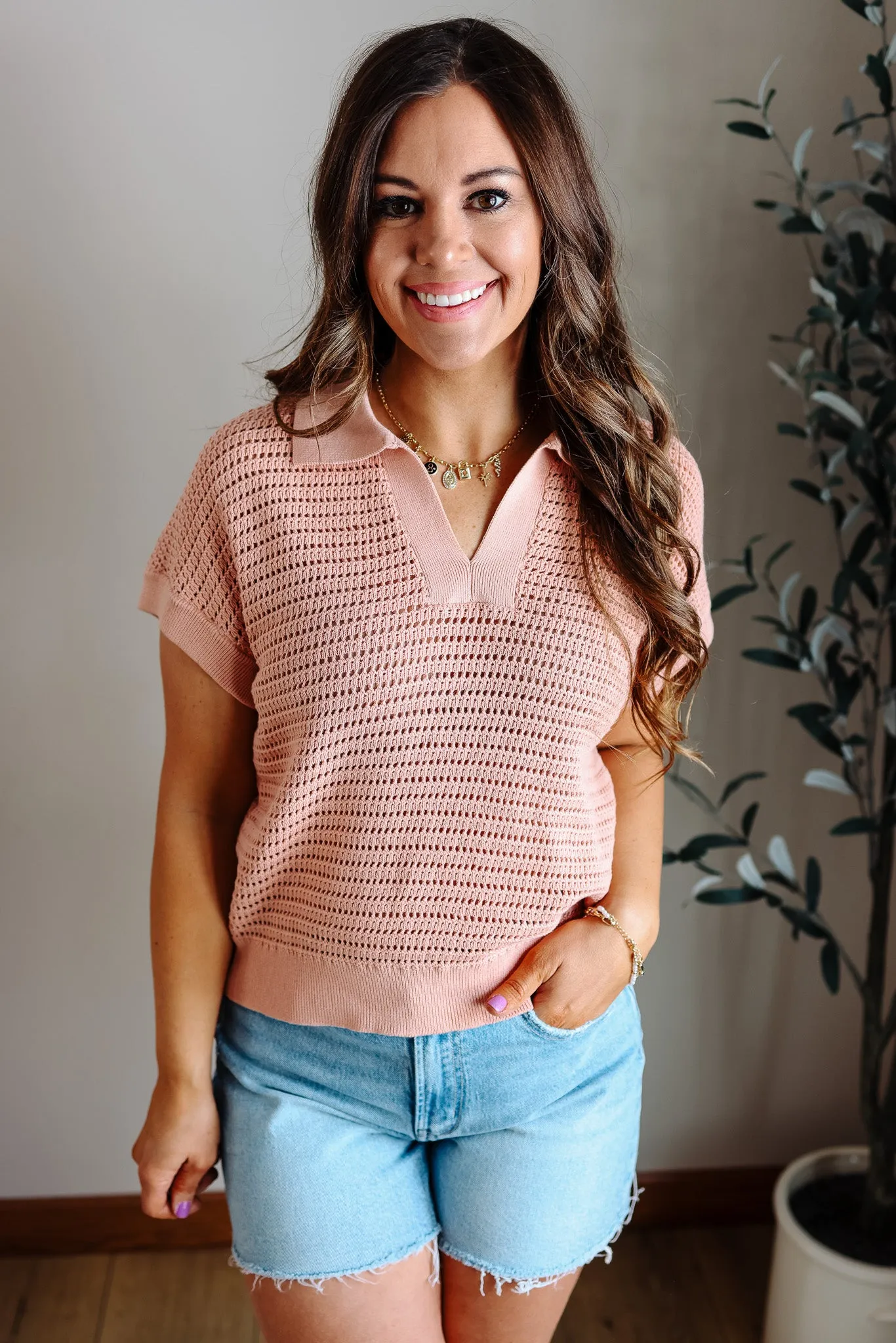 Nova V Neck Sweater Knit Top - Blush