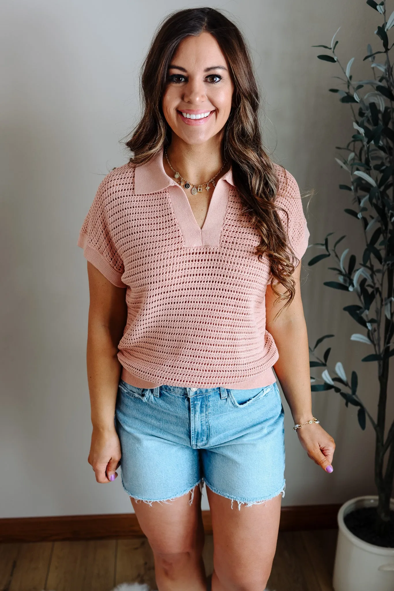 Nova V Neck Sweater Knit Top - Blush