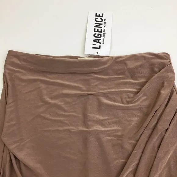 NWT L'AGENCE Pull On Shiny Caramel Brown Tulip Hem Ruching Pencil Skirt